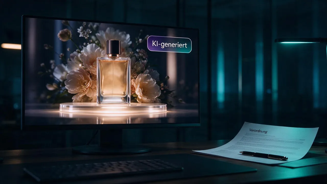 Desk at night: monitor showing an AI-generated product shot with a small \