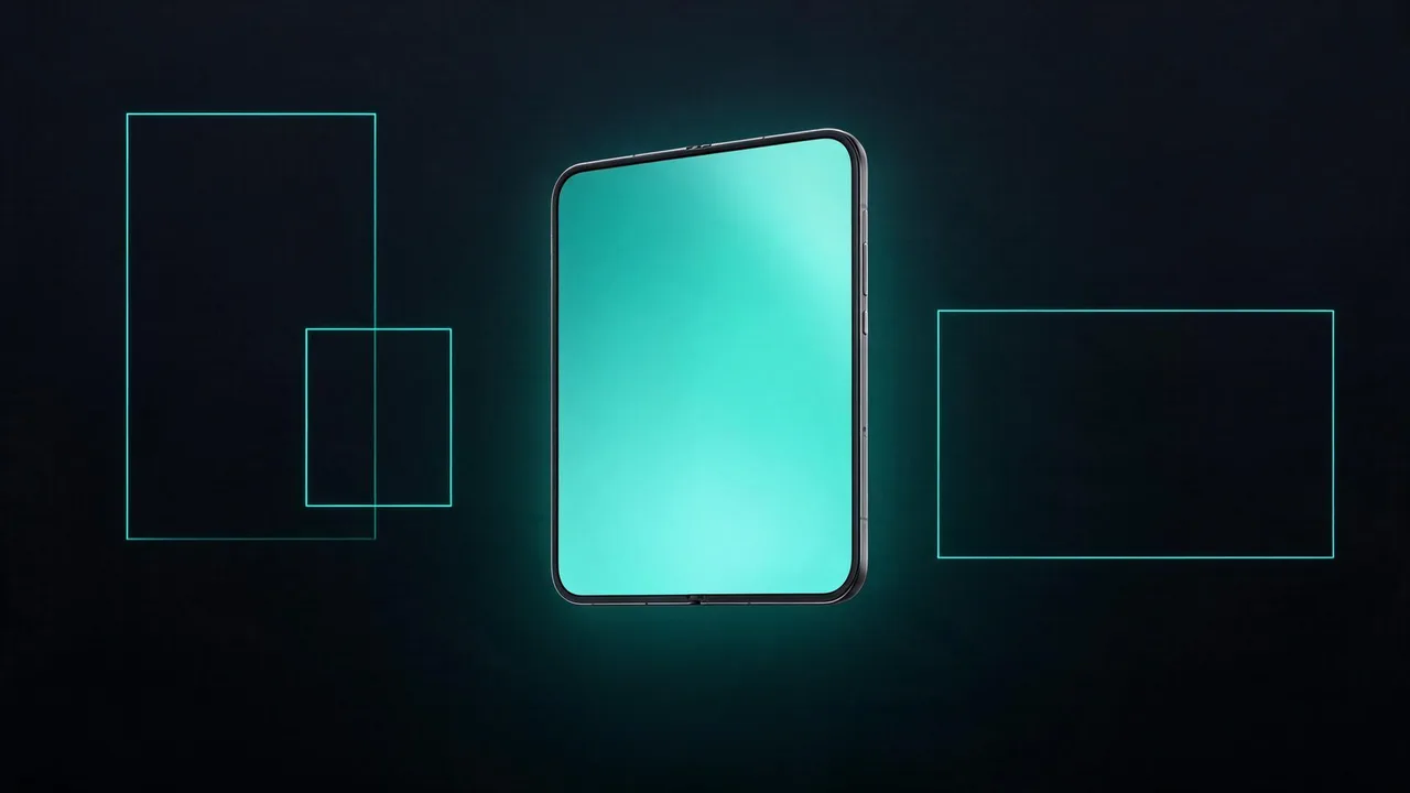 Foldable smartphone opened, compared with three video format frames: portrait, square, landscape