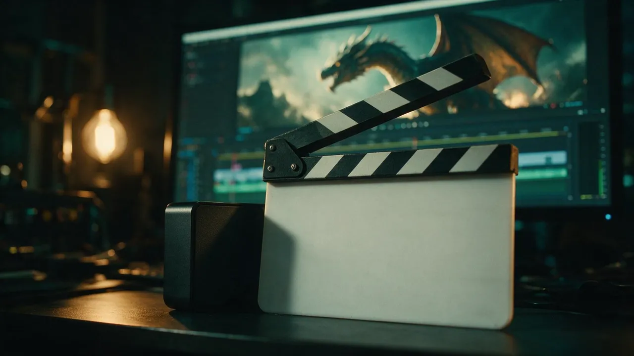 Cover motif: editing desk with clapperboard and monitor view — AI video production done in-house at QLTY